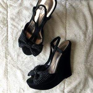 Chinese Laundry Crystal Studded Bow Satin Wedges